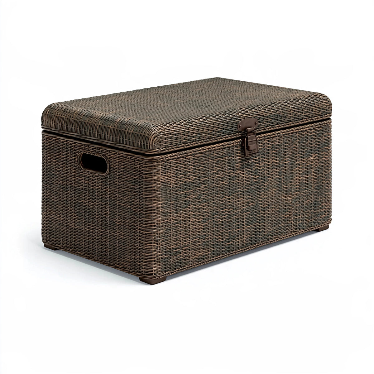 Coffre de rangement 120 x 50 x 60 cm en résine tressée marron foncé avec couvercle