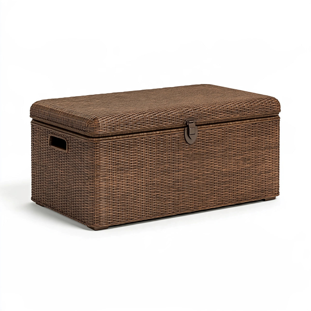 Coffre de rangement 80 x 45 x 45 cm en résine tressée marron pour extérieur avec couvercle