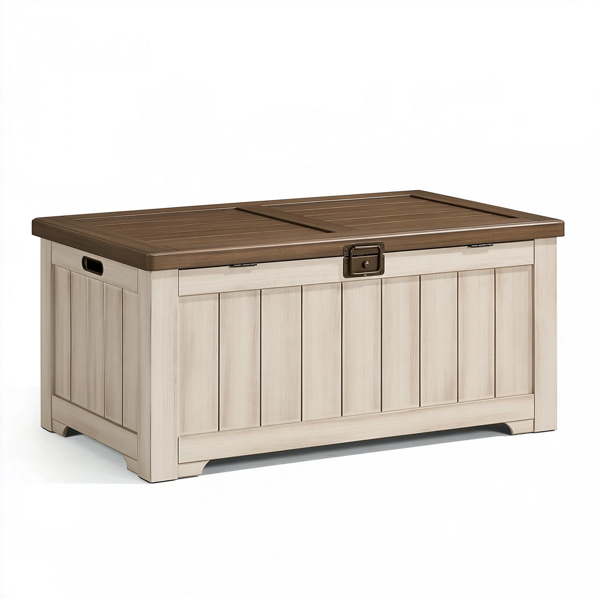 Coffre de rangement extérieur 120 x 60 x 65 cm en résine beige et marron style rustique