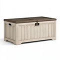 Coffre de rangement extérieur 120 x 60 x 65 cm en résine beige et marron style bois avec couvercle verrouillable