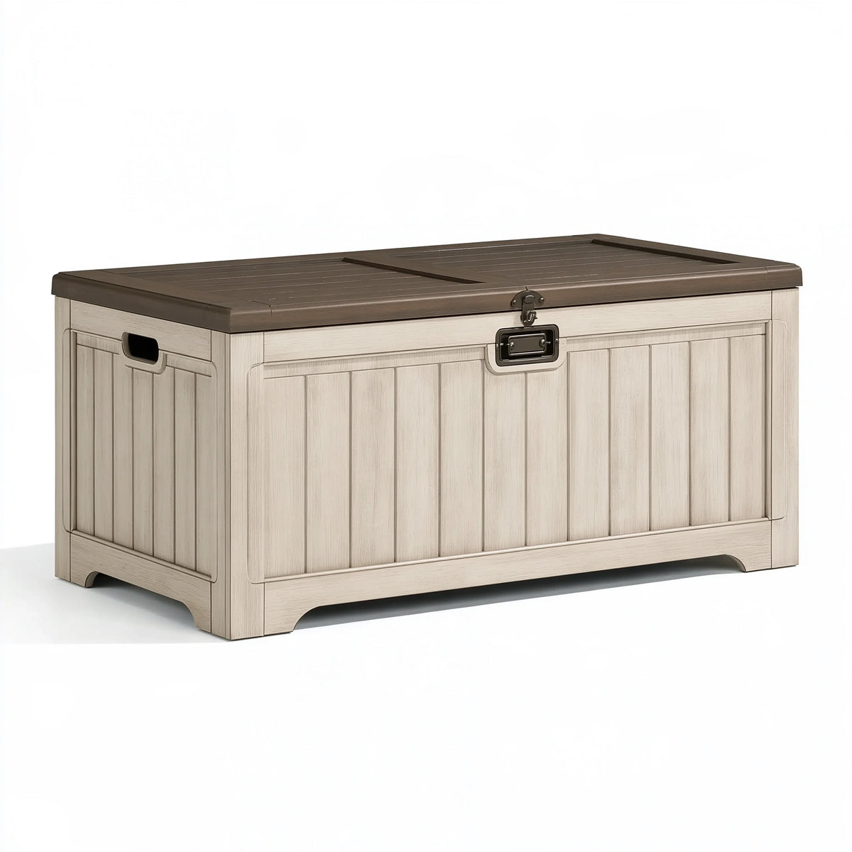Coffre de rangement extérieur 120 x 60 x 65 cm en résine beige et marron style bois avec couvercle verrouillable