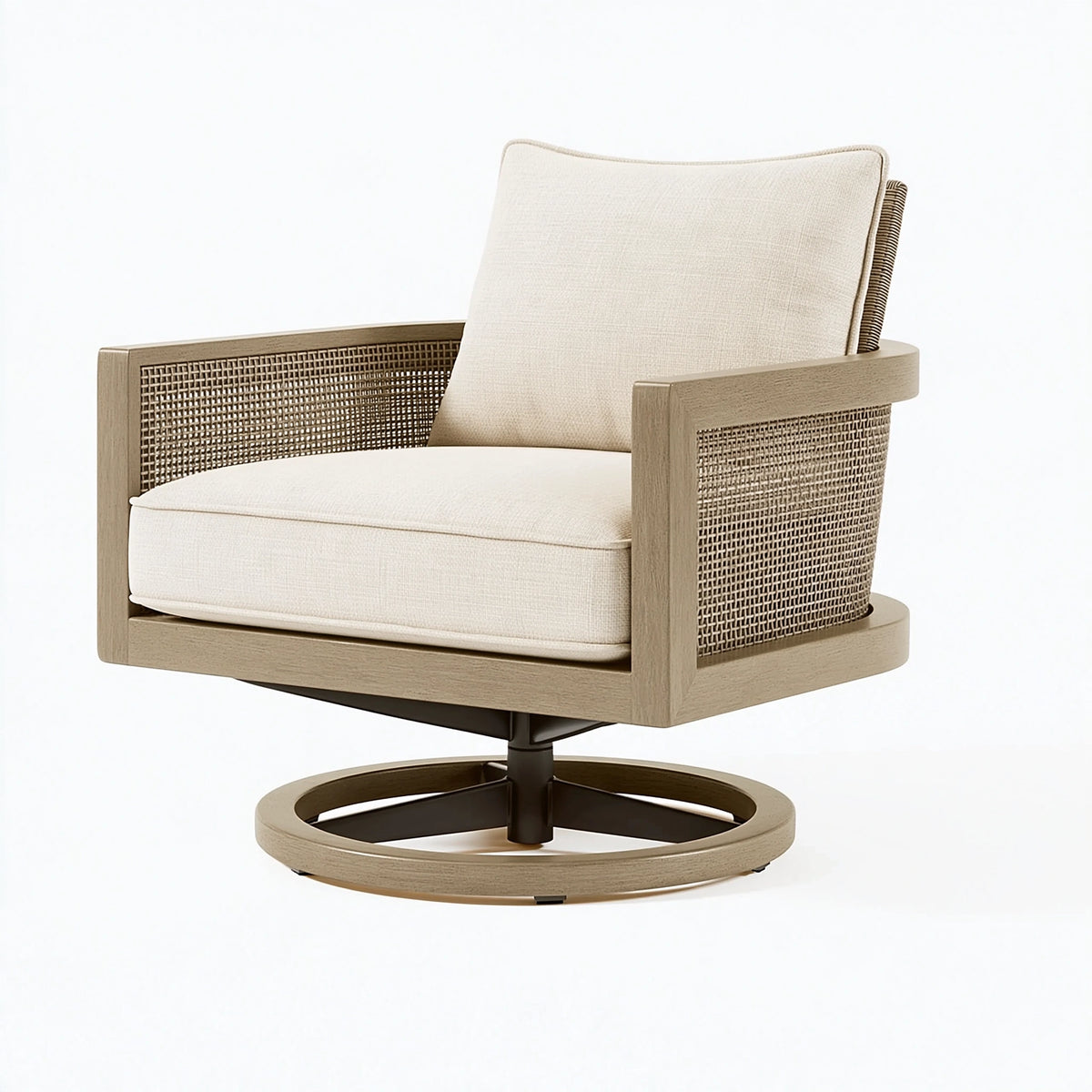 Fauteuil pivotant 78 x 75 x 82 cm en bois et cannage beige style contemporain