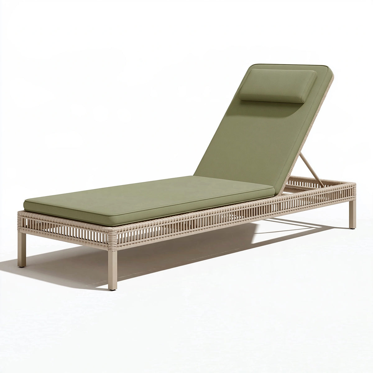 Bain de soleil 200 x 70 x 35 cm en résine tressée beige avec coussin vert réglable pour extérieur